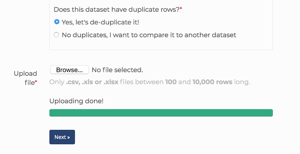 The 'Upload data' page on Dedupe.io