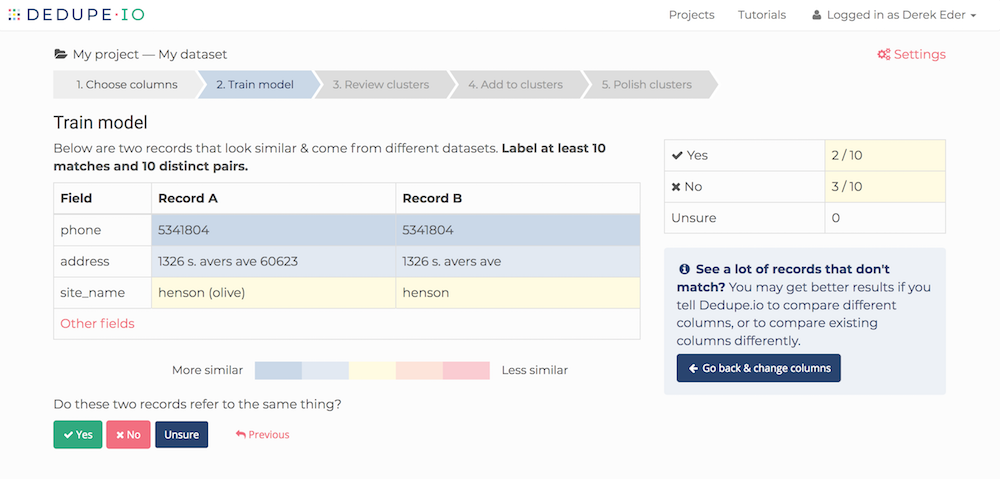 The 'Train model' page on Dedupe.io