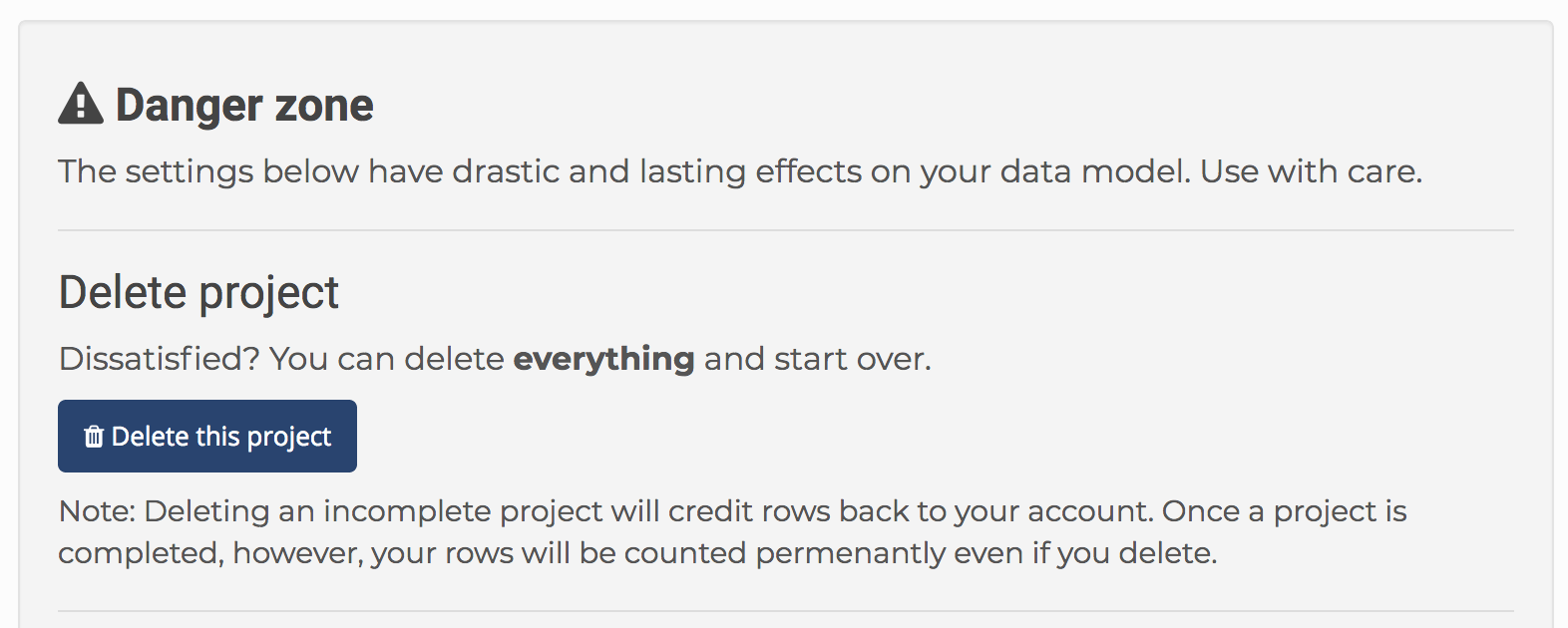The Danger zone on the Settings page of Dedupe.io