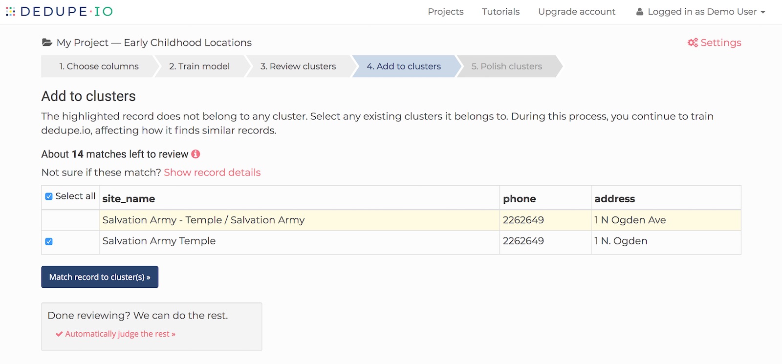 Matching records to clusters on Dedupe.io
