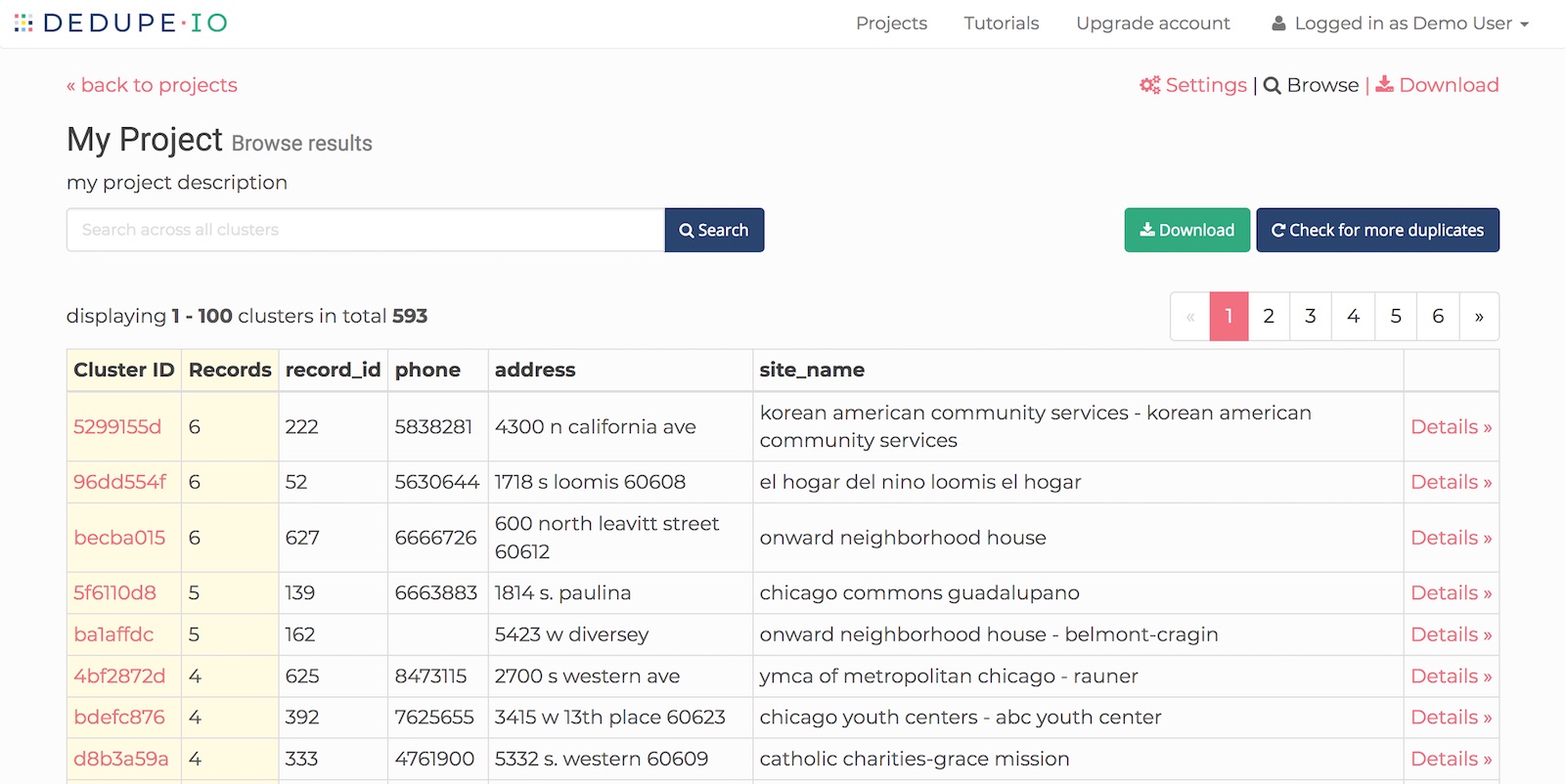 Browse results on Dedupe.io